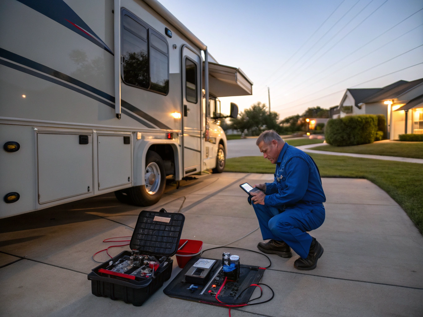 Professional mobile RV technician performing on-site service at a South Carolina RV campsite