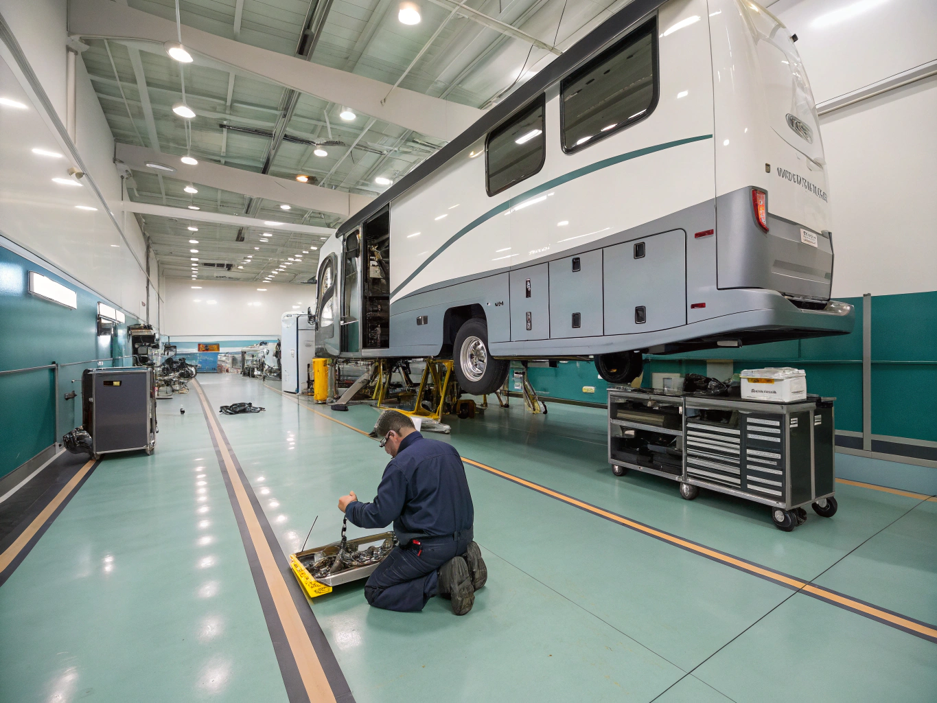 Certified RV technician inspecting slide-out mechanics and plumbing lines